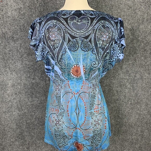 One World Paisley Top Women M Thin Jersey Ruffle Cap Sleeve Peplum - Picture 6 of 9